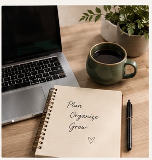 Laptop, coffee and planning notebook on a desk